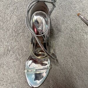 GUESS Metallic Silver Strappy Ankle-Heel Sandals